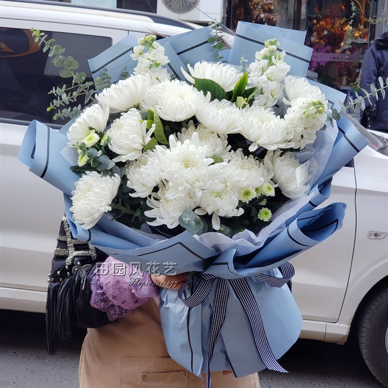 西安鲜花同城速递菊花哀悼念丧事葬礼祭奠清明节冬至扫墓花束