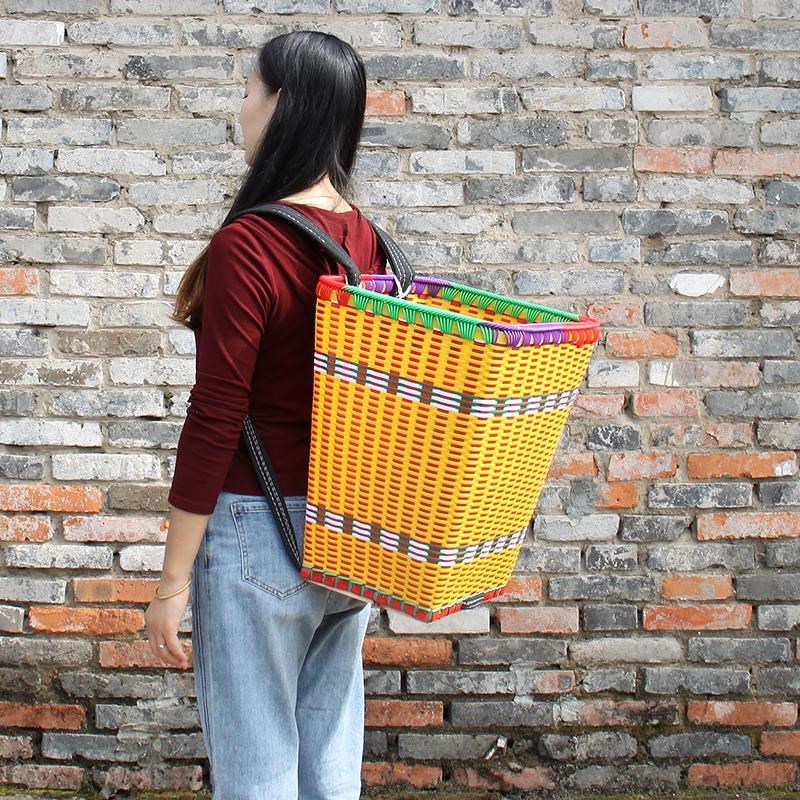 藤编背篓双肩塑料手工编制品彩色家用大号买菜背篼筐收纳四川贵州
