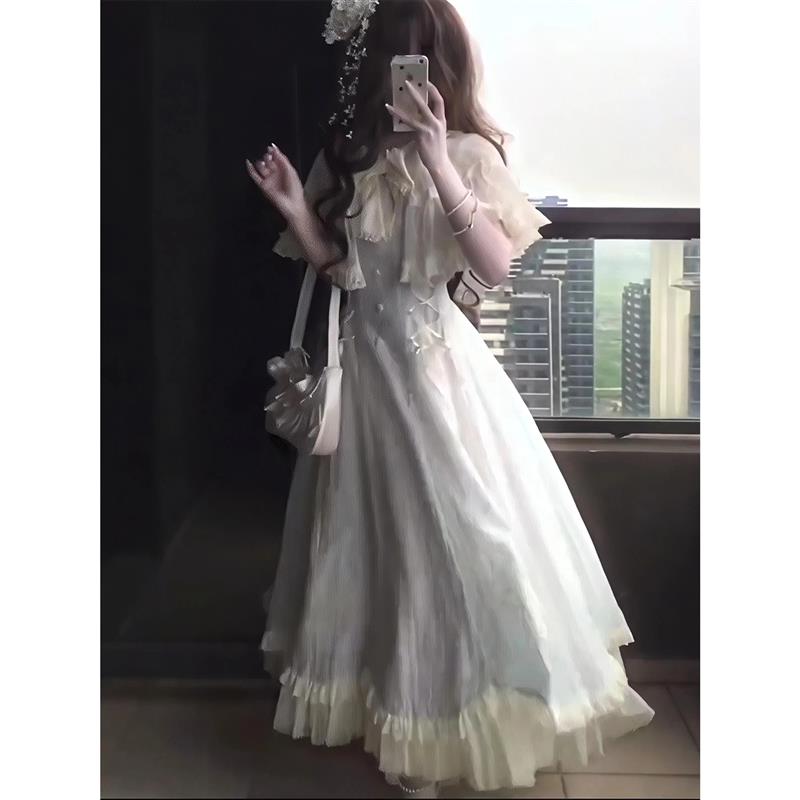 rojita裙蕾丝拼接蝴蝶结披肩连衣裙收腰气质优雅大裙摆连衣裙
