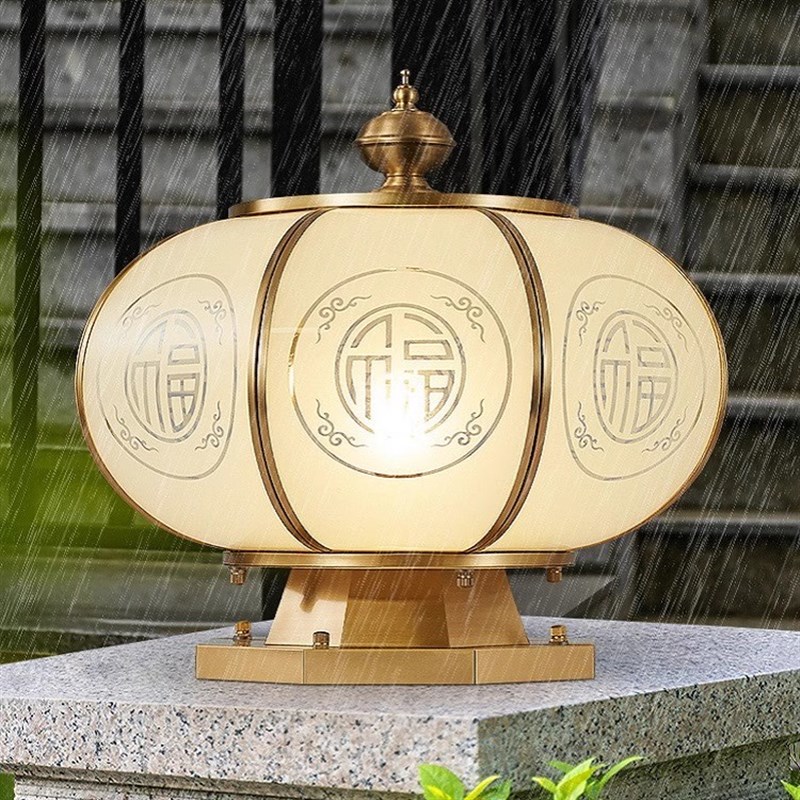 全铜太阳能柱头灯新中式圆形户外防水家用别墅庭院大门围墙柱子灯
