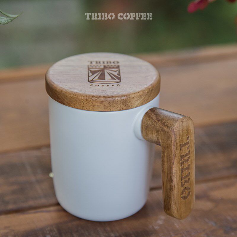 TRIBO 挂耳咖啡杯个性木柄雕刻复古马克杯家用办公室水杯带盖