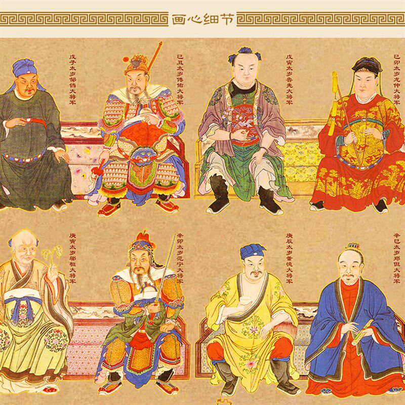 六十太岁甲子图 皮时大将军画像 道观水陆卷轴挂画绢布材质装饰画