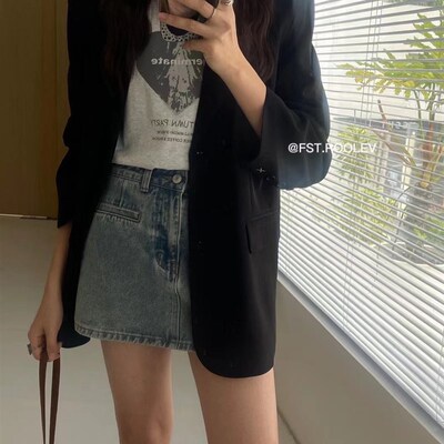 FST 黑色西装外套女秋季新款复古宽松高级感格纹休闲卡绿西服上衣