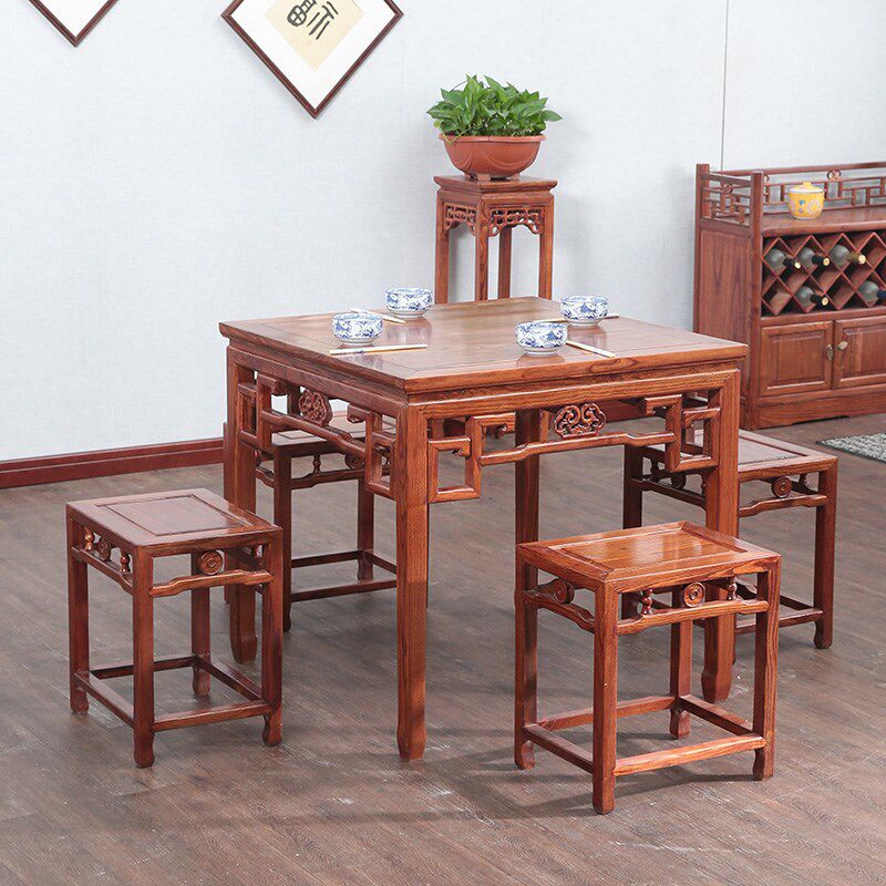 餐桌椅组合正方形仿古八仙桌中式仿古南榆木客厅茶桌饭桌钩子方桌