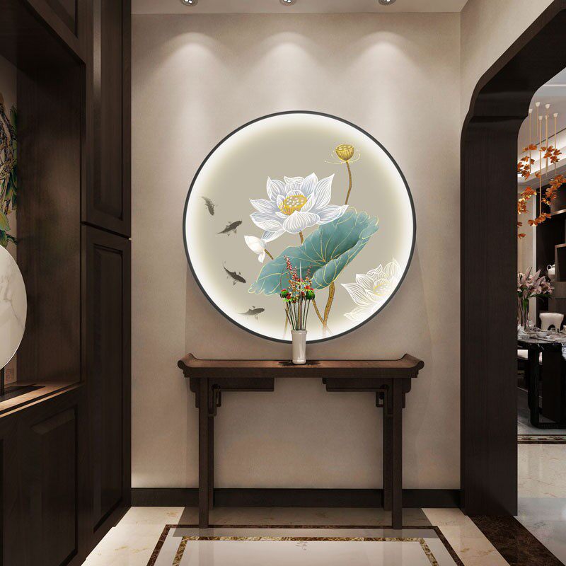 新中式荷花带灯装饰画客厅餐厅玄关壁画高端圆形禅意背景墙挂画