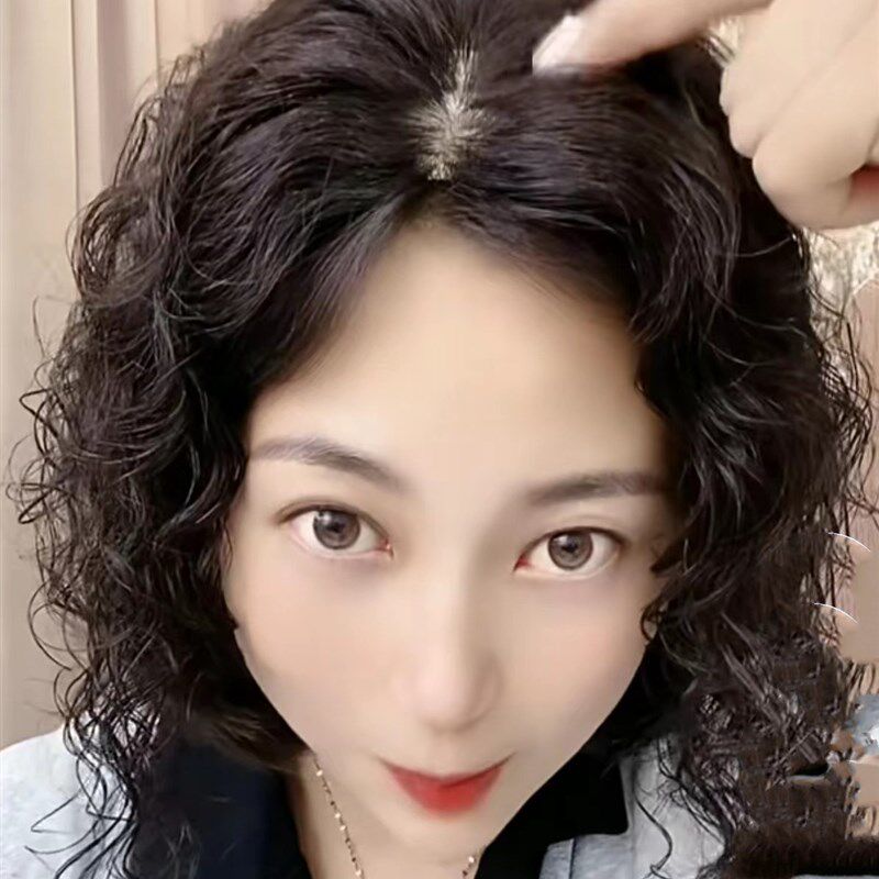 羊毛卷中分假发片女头顶遮白发秃顶增发量蓬松真发轻薄款补发片