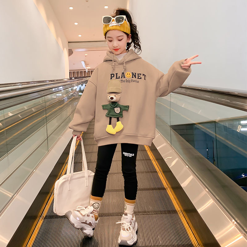 女童加绒卫衣春装2024新款洋气童装秋冬连帽儿童上衣女大童春秋款
