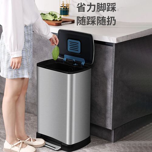 大容量不锈钢脚踏式垃圾桶带内桶一键常开静音缓降除异味家用厨房