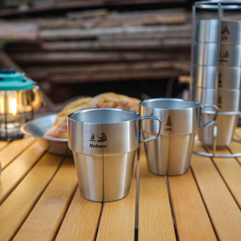 户外304不锈钢双层杯6件套露营可携式水杯隔热野营杯高温防烫咖啡