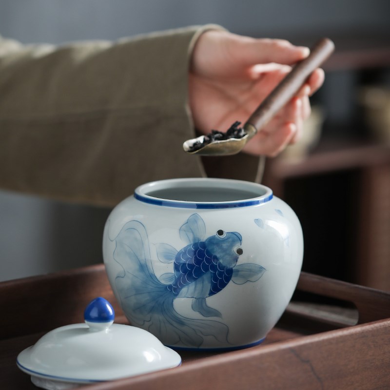 茶叶罐陶瓷水墨釉下彩鱼复古茶罐储茶罐家用红绿茶普洱防潮中式罐