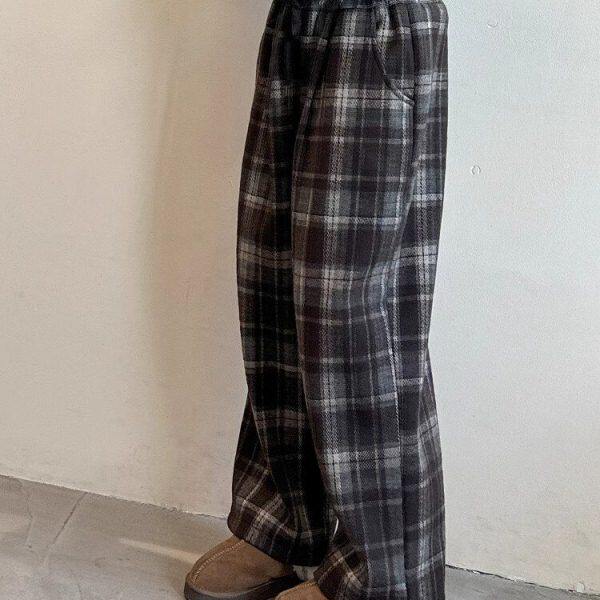 女童裤子加绒加厚格子裤冬装新款中大童宽松直筒裤儿童保暖休闲裤