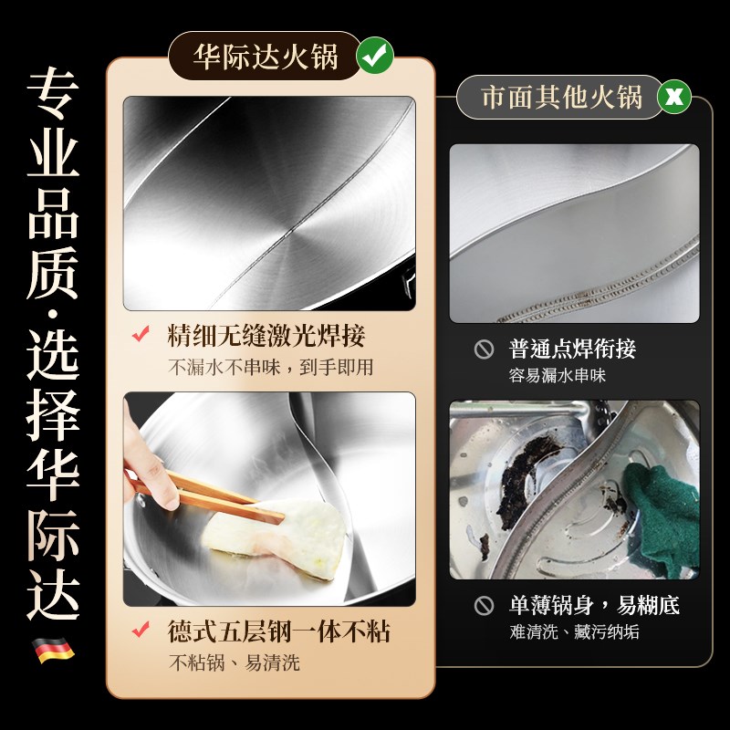 华际达鸳鸯锅304不锈钢火锅锅电磁炉专用涮锅家用火锅盆商用
