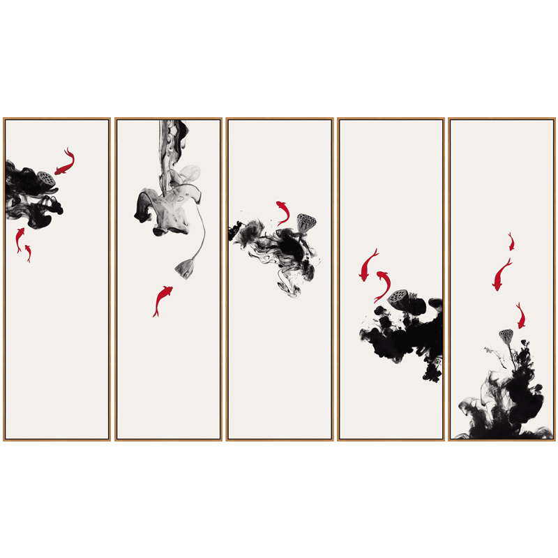 新中式客厅装饰画水墨画四联挂画九鱼莲花书房壁画茶室样板间壁画