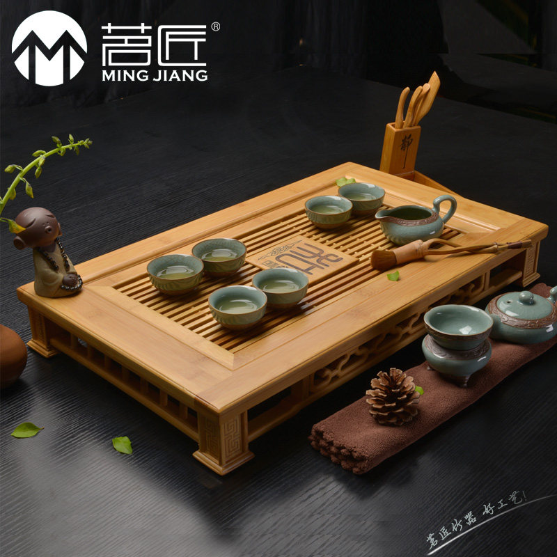 茗匠功夫茶具竹制茶盘实木盛水储水抽屉式茶海茶座中号小号茶托盘