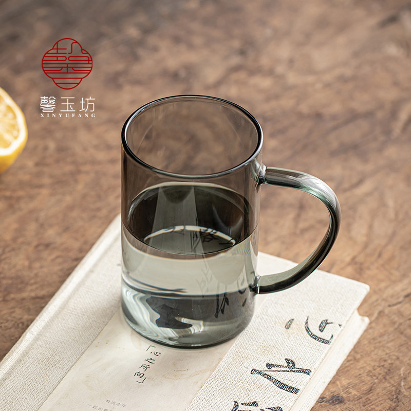 馨玉坊耐高温可加热烟灰色玻璃水杯带把办公室花茶泡茶杯子咖啡杯