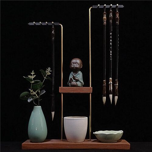 铜杆笔架毛笔挂毛笔学生墨碟创意摆件挂笔卖笔展示架毛笔架
