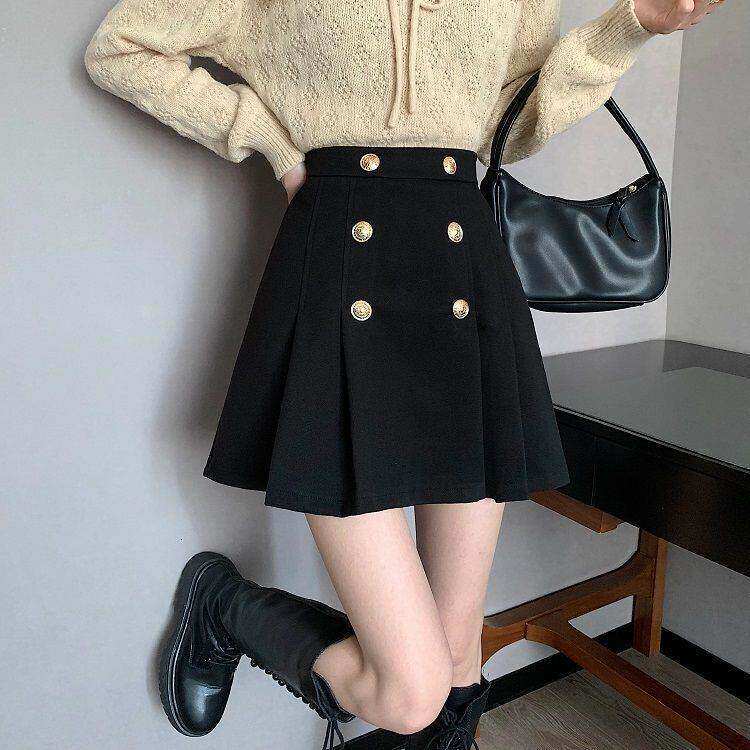 双排扣毛呢半身裙女秋冬