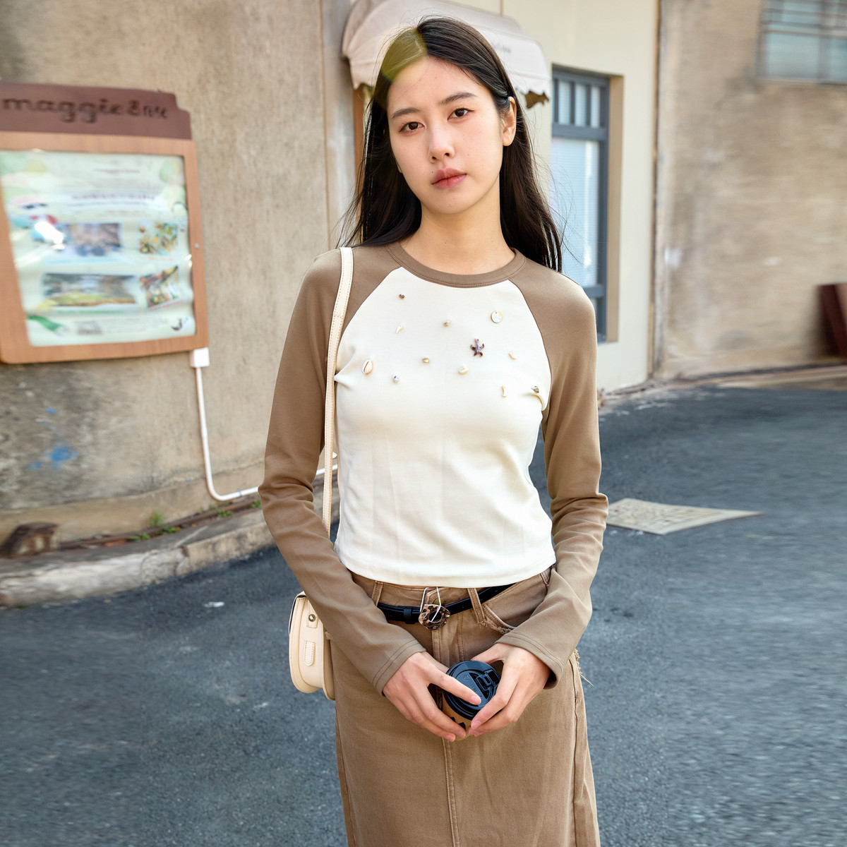 西町村设计感短款长袖T恤女款春季新款美式修身拼接上衣HA9106005图片