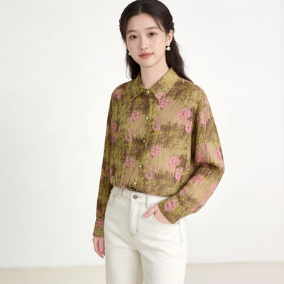 西町村屋油画印花长袖衬衣女夏季新款复古休闲宽松衬衫XX9B10002