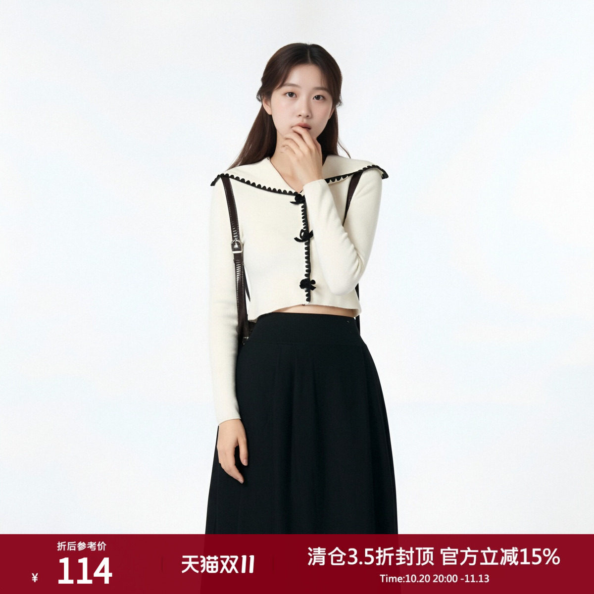 西町村屋蝴蝶结毛衣女秋冬新款学院风翻领贝壳绣针织衫AD8104011