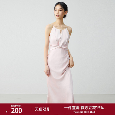 西町村屋流光裙法式挂脖鱼尾吊带裙女夏气质长款连衣裙XXAB10007