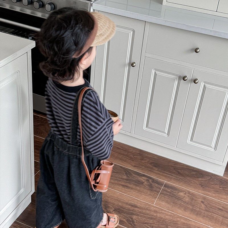 暮晨家新款夏装2024男童棉质牛仔背带裤中小童简约八分裤直筒裤薄