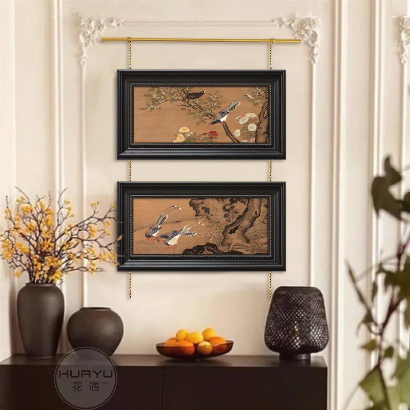 宋徽宗瑞鹤图中国风花鸟客厅装饰画法式玄关复古黄铜轨道组合挂画