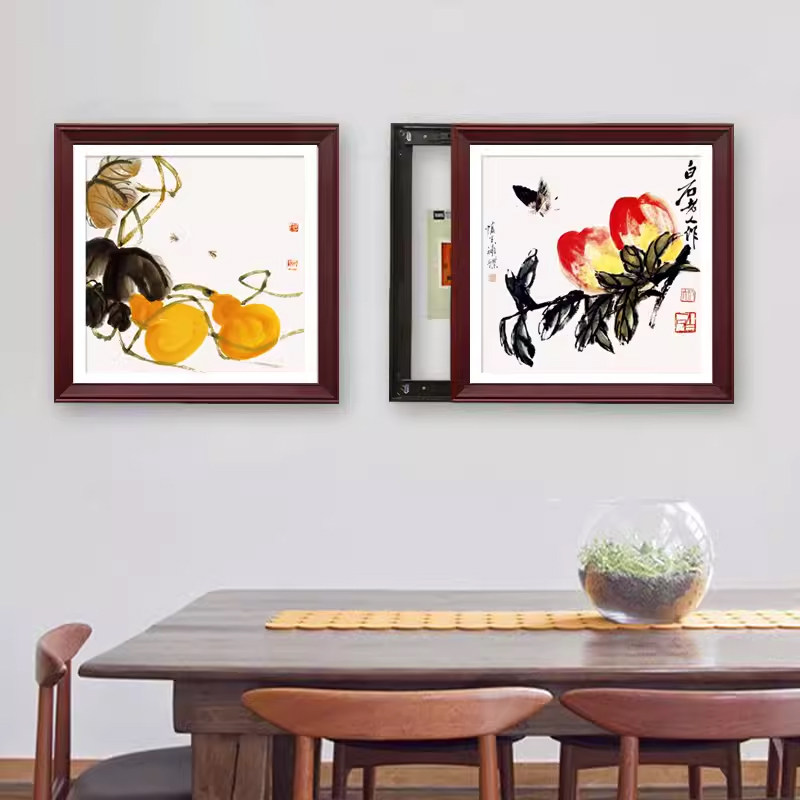 二联推拉中式配电箱挂画遮挡电表箱装饰画电闸箱液压开关画免打孔