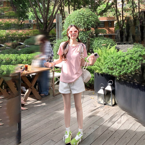 韩系简约风丝巾系带t恤女
