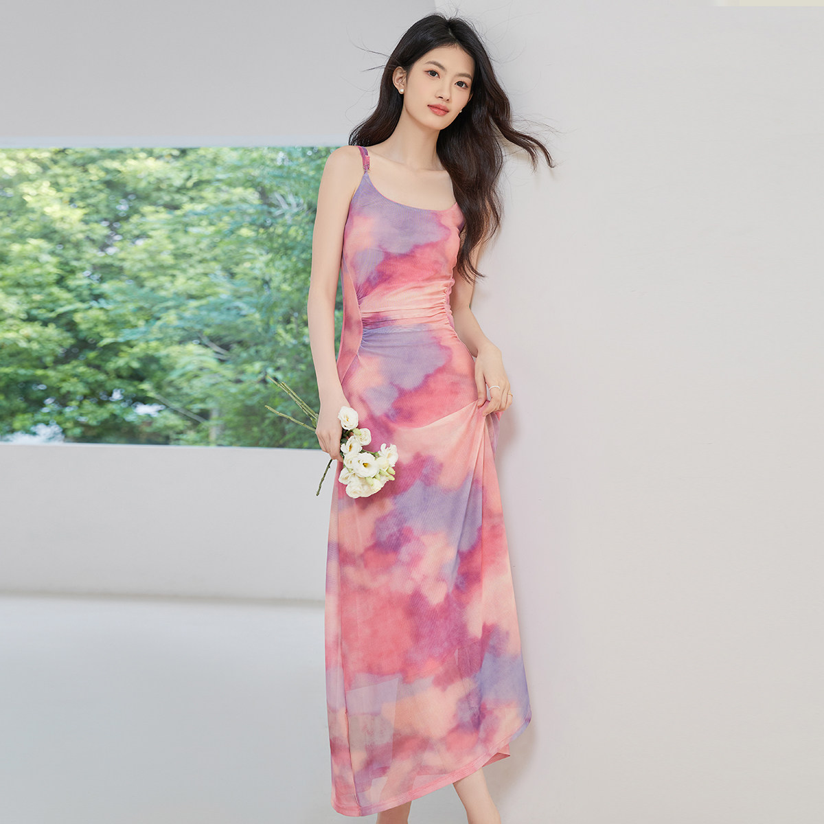 SerinaBlue沙芮娜2026新款度假风女士连衣裙夏季高弹晕染网纱裙子