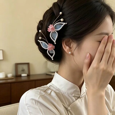 琉璃蝴蝶发钗古风汉服掩鬓花朵