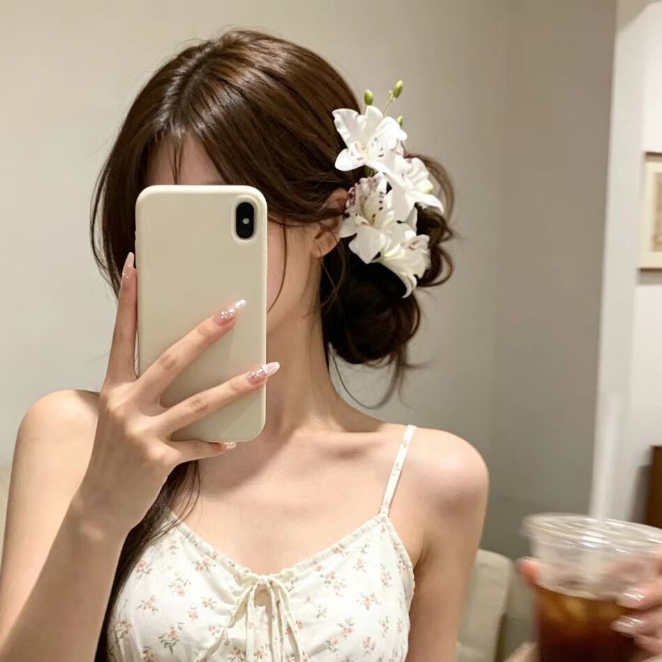超仙白色百合花发夹仿真蝴蝶兰夹图片