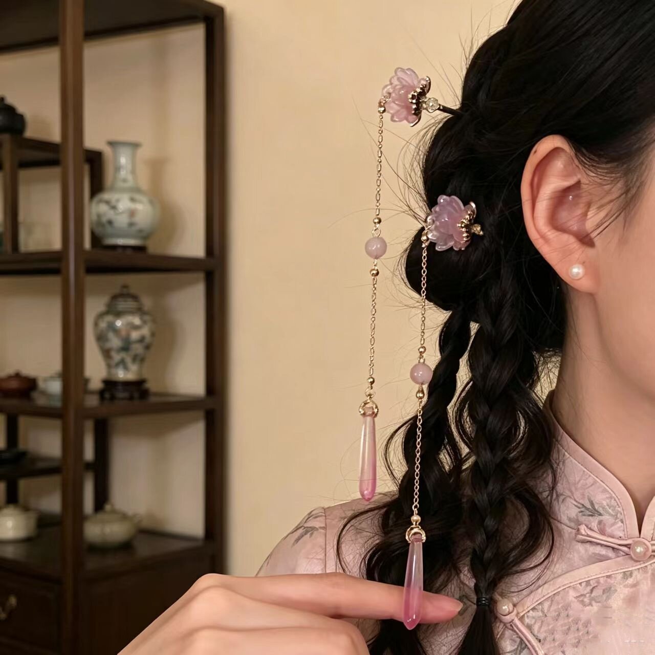 名狐「粉玉烟云」新中式粉色花朵流苏发簪女古风汉服头饰发饰发饰