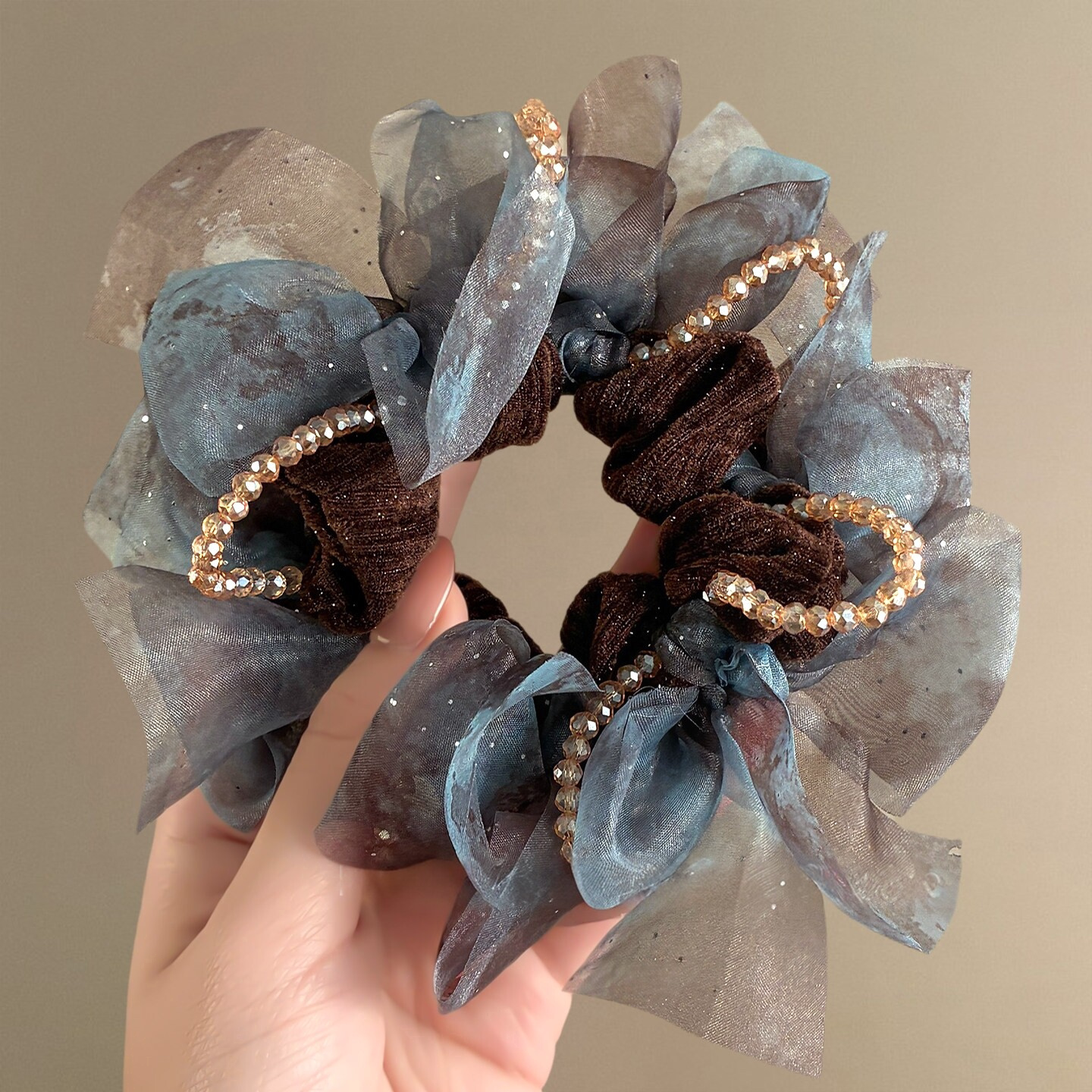 朝云落梦~法式网纱蝴蝶结发圈复古气质串珠蓬松高弹力发绳盘发器