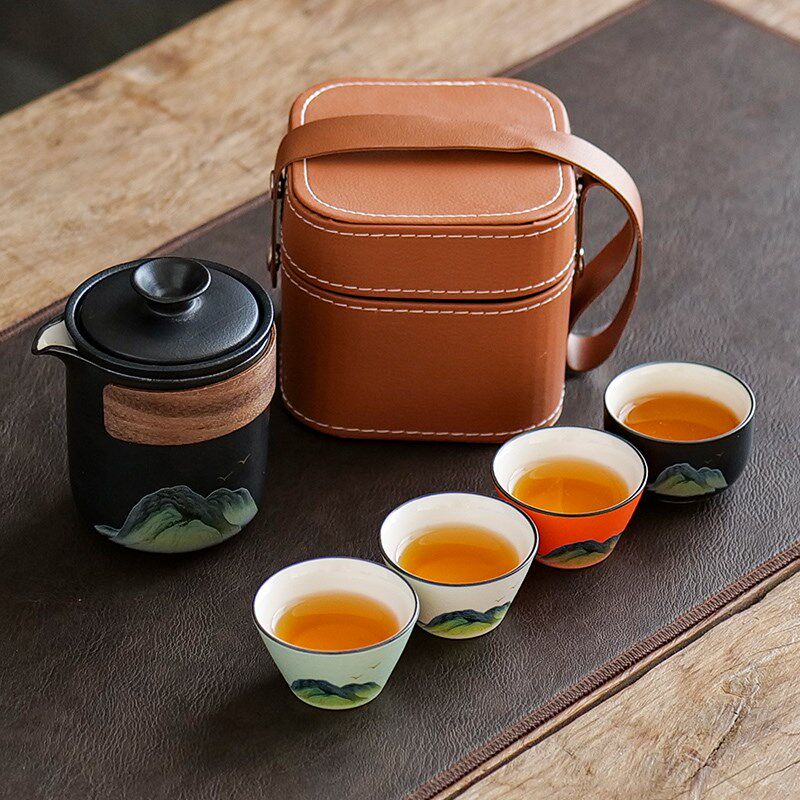 旅行茶具套装户外露营随身携带四色茶杯陶瓷防烫快客杯客户送礼盒