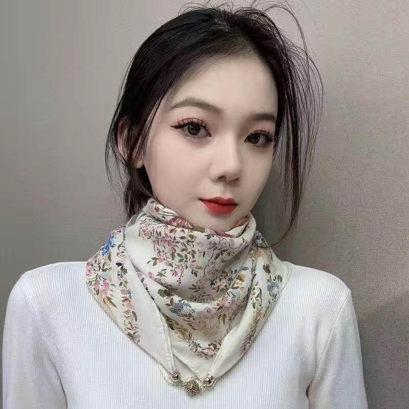 磁吸扣护颈小围巾女款2025新款棉麻丝巾秋季高级感方巾三角巾围脖