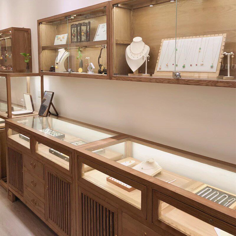 新中式实木珠宝展示柜玉器首饰玻璃展柜精品货架陈列柜中岛台壁柜