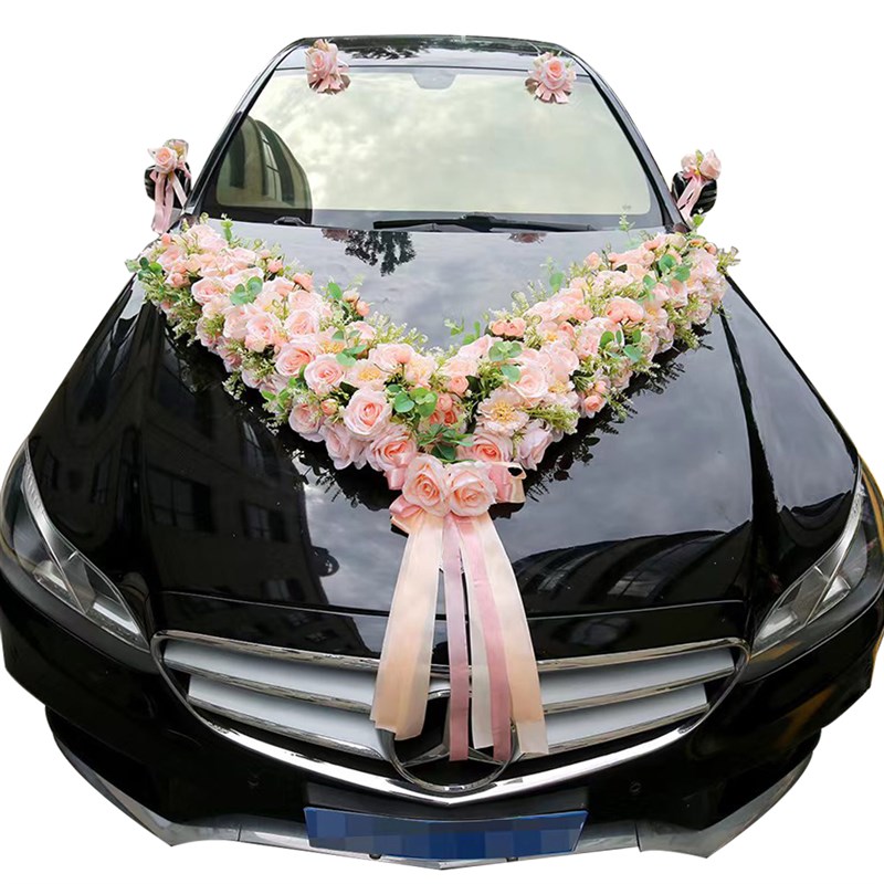 粉香槟仿真婚车花车头装饰森系婚车装饰主婚车拉花大V车队套装