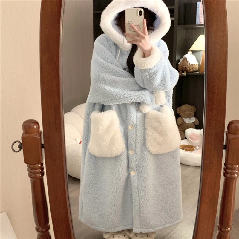 简约毛绒连帽珊瑚绒睡袍女秋冬季2025新款加绒加厚睡衣家居服套装