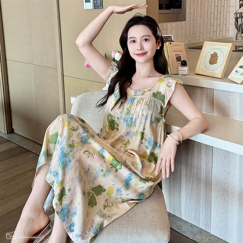 无袖睡衣女夏季薄款棉绸睡裙宽松中老年家居吊带中长裙绵绸可外穿