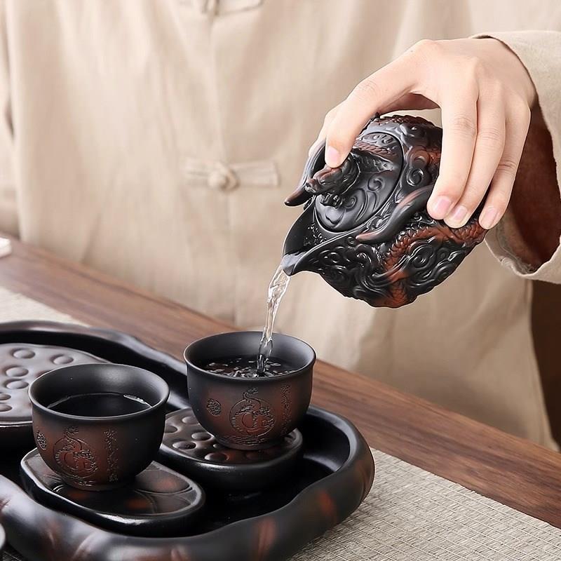 高档茶具紫陶泡茶套装家用功夫茶道整套茶盘复古风手工堆雕手抓壶