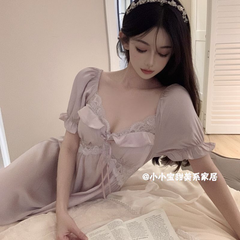 带胸垫法式夏纯欲新款复古蕾丝睡衣公主风女冰丝中长款睡裙家居服