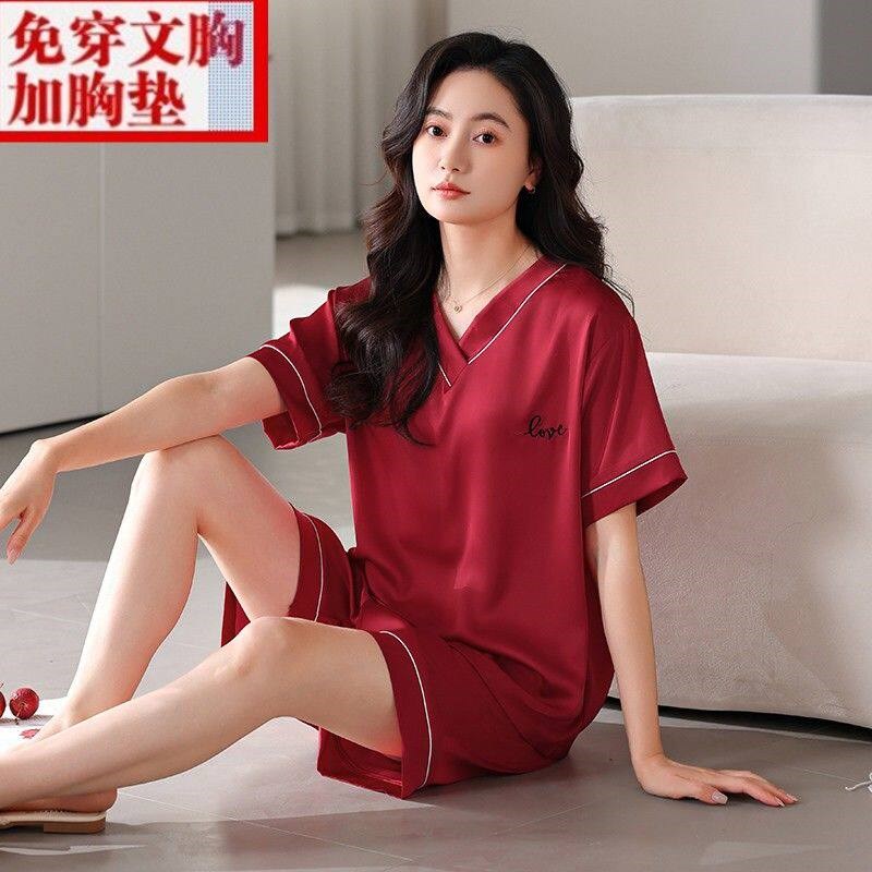 夏季睡衣女士冰蚕丝短袖自带胸垫睡衣绸缎丝绸短裤薄款凉感家居服
