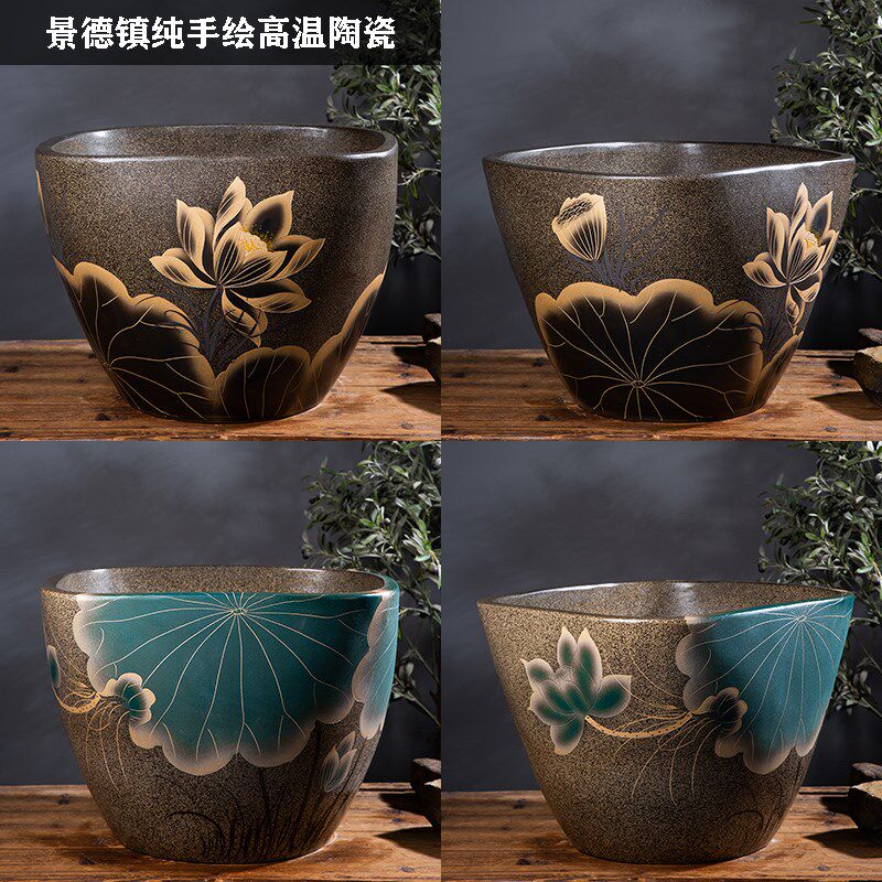 仿古鱼缸大号陶瓷鱼缸客厅落地复古家用造景荷花缸方形粗陶养鱼盆