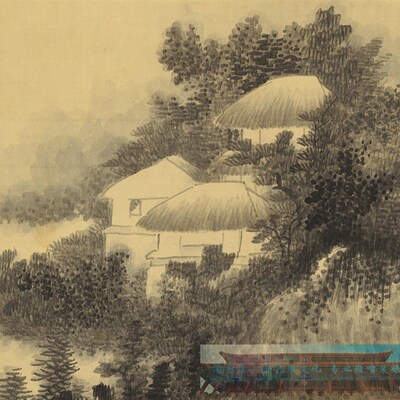 清 龚贤 群峰石潭图  仿古山水写意国画立轴竖幅装饰画高清微喷画
