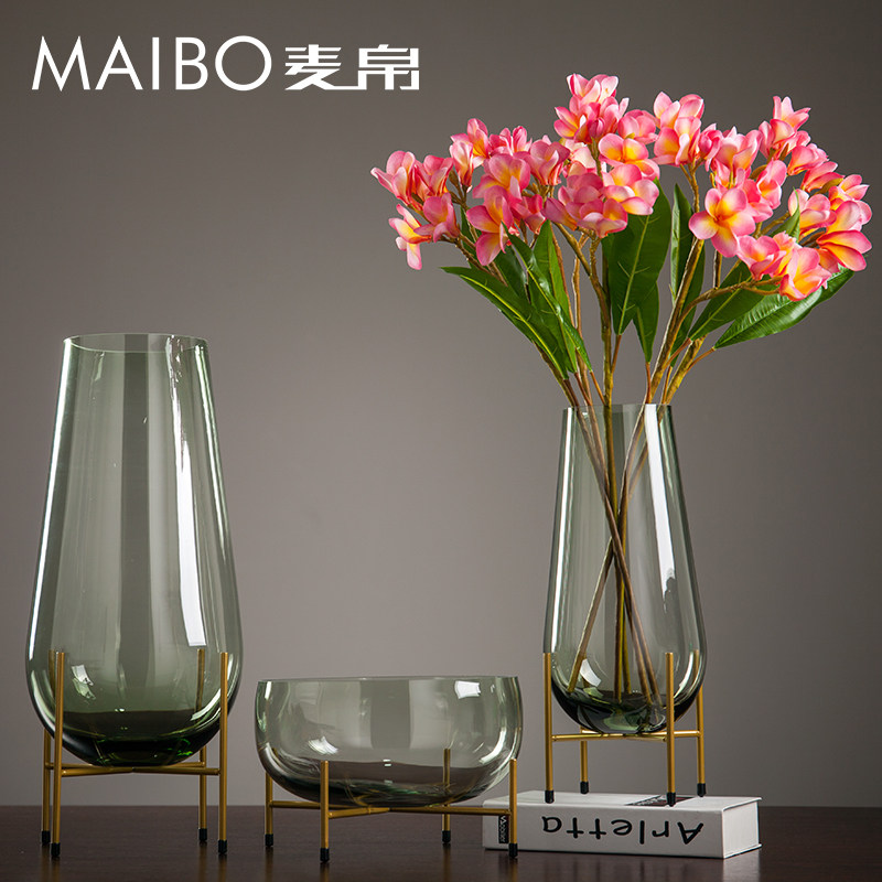 麦帛创意轻奢玻璃花瓶摆件 铁艺支架花器 客厅装饰插花水培花器