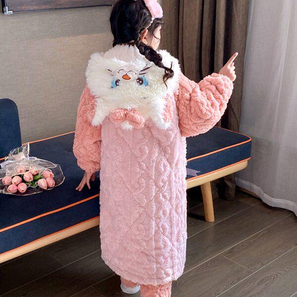 儿童睡衣套装冬季加厚款睡袍三层夹棉女童小孩珊瑚绒法兰绒家居服