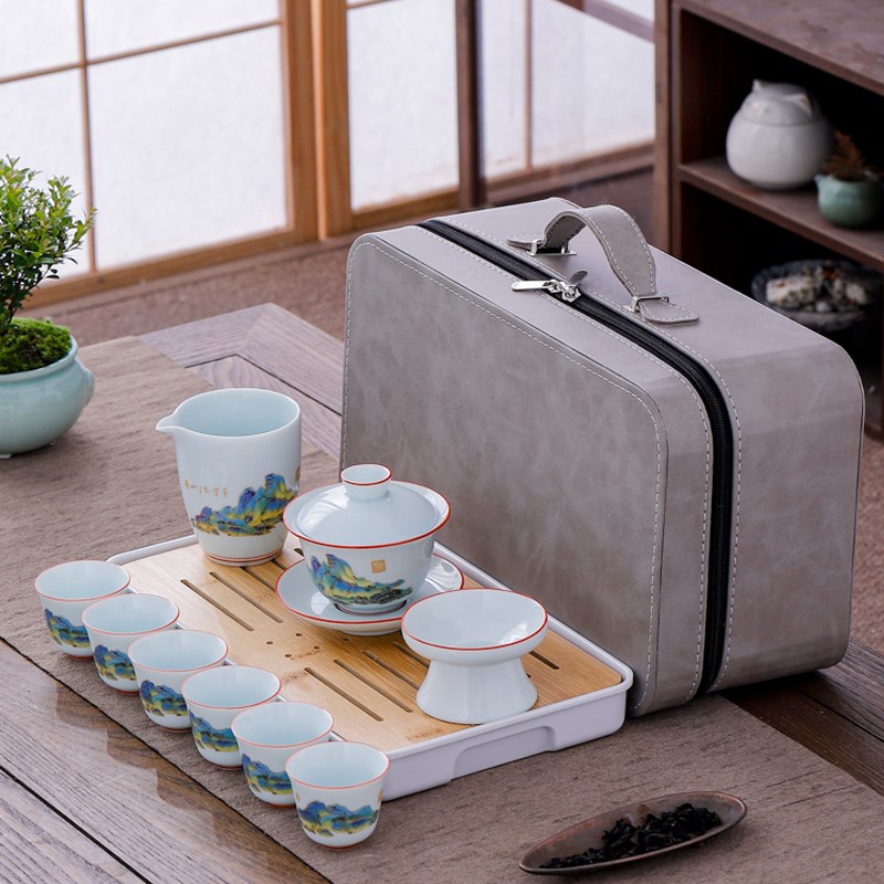 高档青瓷功夫旅行茶具套装盖碗茶杯茶盘户外家用户外便携收纳包