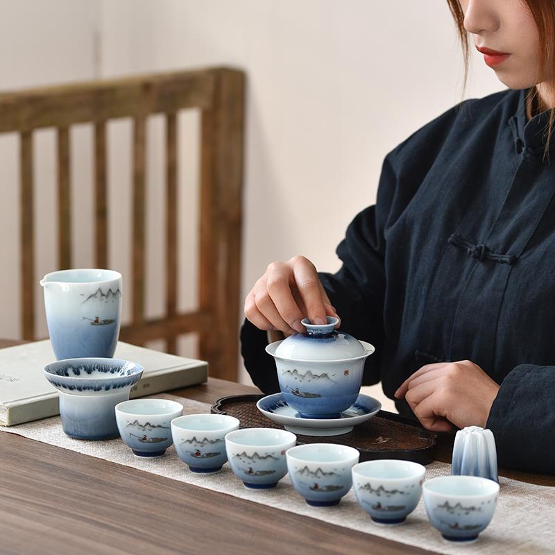 景德镇陶瓷办公室手绘盖碗茶具套装 泡茶套装功夫茶具家用窑变釉