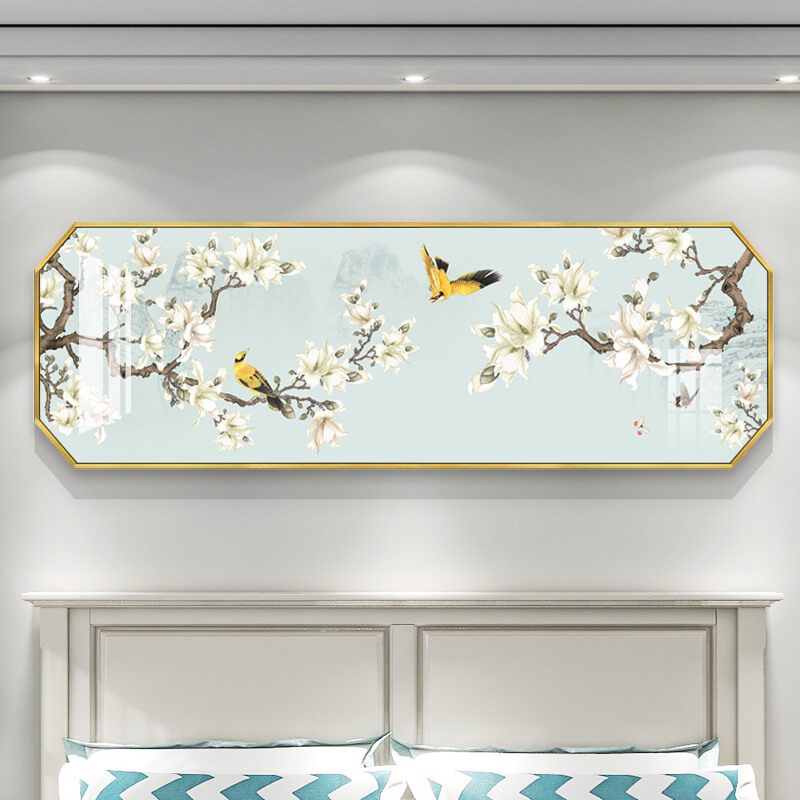 高档新中式卧室装饰画横幅八边形床头挂画国潮风民宿酒店房间壁画
